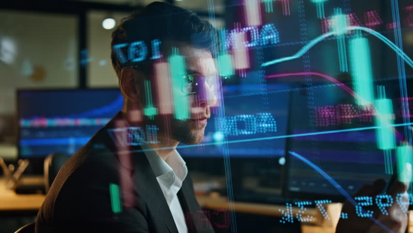 Invest manager checking stock market data in sales hologram. Busy broker working late analysing corporate financial strategy in dark office. Pensive successful man trader planning profit investment. Royalty-Free Stock Footage #1104541641