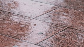 Rain falling on the pink colored ground in the street.