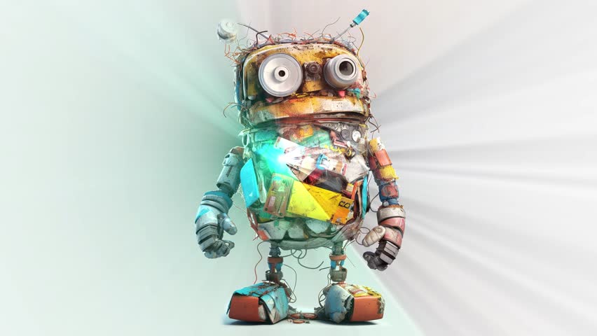 Robot made from pieces of rubbish.
Peculiar robot with a light ray effect. | Shutterstock HD Video #1104542387