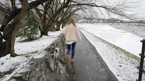 video of a Japanese woman and her dog walking along a snowy riverbed.
