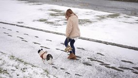 video of a Japanese woman and her dog walking along a snowy riverbed.