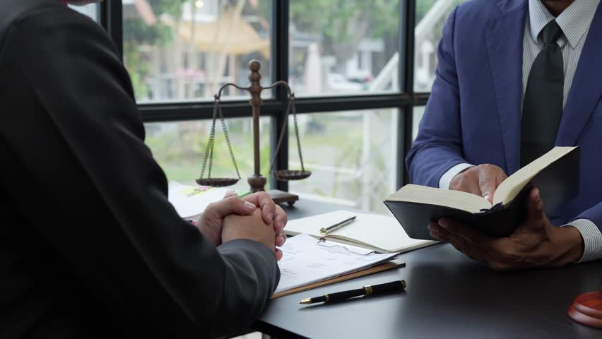 Attorneys or lawyers who are reading the statute of limitations Consultation between male lawyers and business clients, tax and legal and legal services firms. Royalty-Free Stock Footage #1104546425