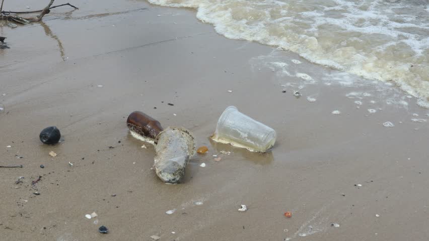 Video of used plastic cup waste washed up by the waves on the beach | Shutterstock HD Video #1104546565