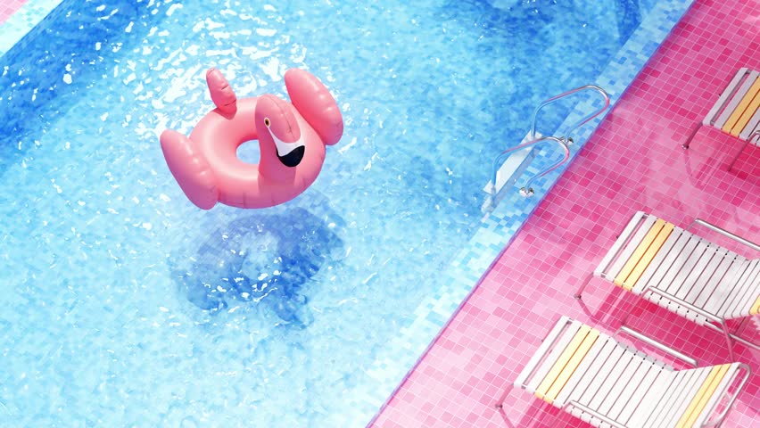 Flamingo float around swimming pool, Vaporwave Aesthetic 3D Rendering Royalty-Free Stock Footage #1104546591