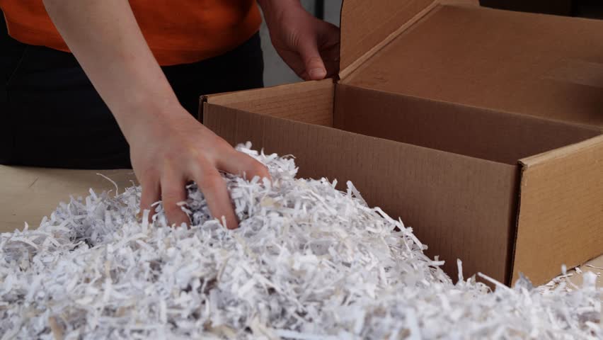 Reuse of shredded office paper as packing material. Sustainable Packaging, Eco Friendly Shipping | Shutterstock HD Video #1104553419