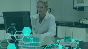 Animation of molecule structures, computer language, brains, caucasian scientist working on laptop. Digital composite, multiple exposure, coding, anatomy, artificial intelligence and technology. - Powered by Shutterstock - Get 15% off with code: PIKWIZARD15