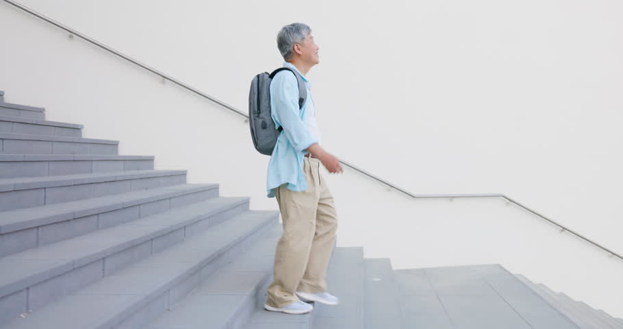 asian elderly person walking on stairs while traveling - healthy knees happy tourist free independent retirement lifestyle Royalty-Free Stock Footage #1104553971