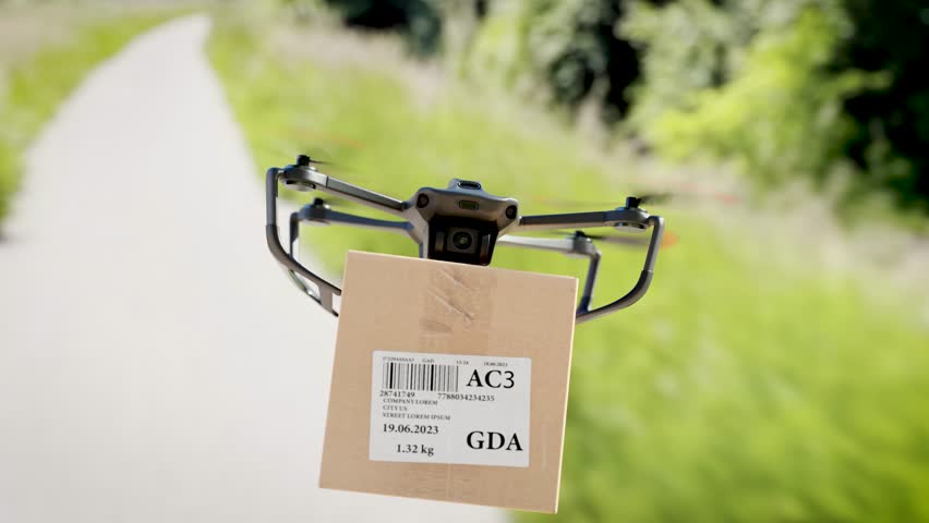 The drone is flying along the road with a package for the customer - a close-up view of the device, the concept of drone delivery. Royalty-Free Stock Footage #1104554525