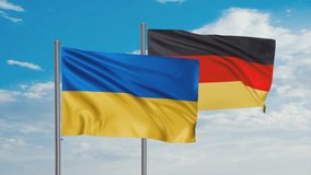 Germany and Ukraine flags waving together on blue sky, looped video, two country cooperation concept