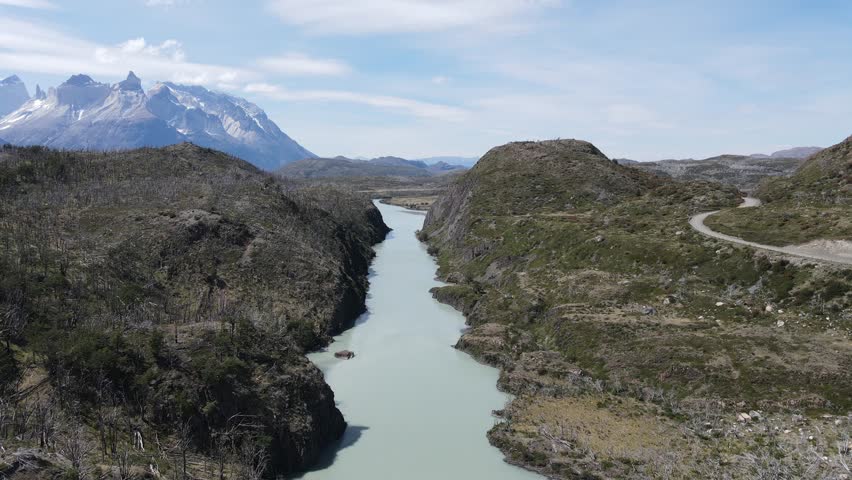 Aerial panoramic view of Torres del Paine mountains in Patagonia, Chile