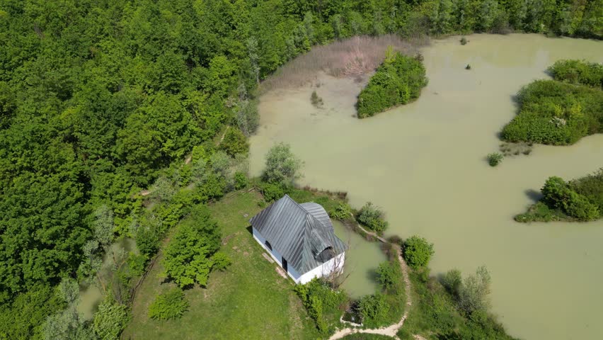 Aerial view of a green forest, green trees in summer with isolated cottage