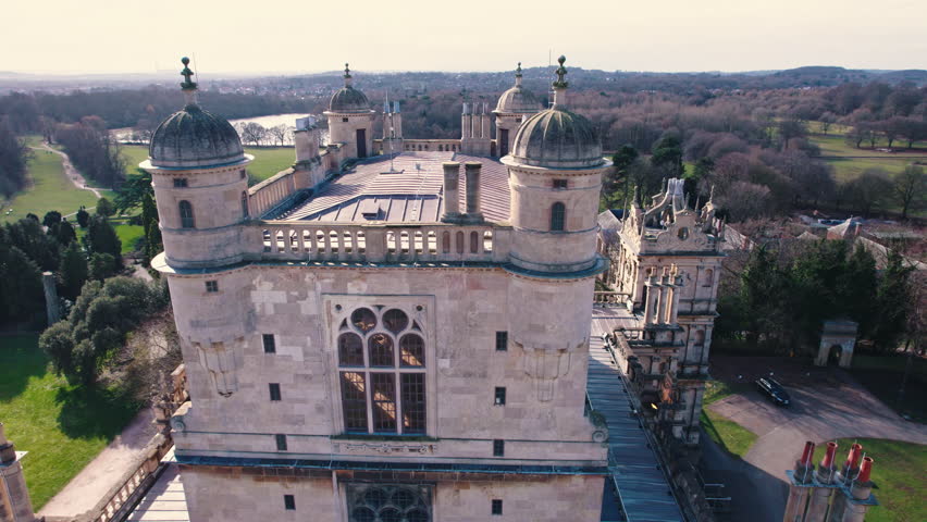 07.01.2021 Nottingham, England. Wollaton Hall - Elizabethan country house standing on a hill in Wollaton Park, Nottingham, England seen from aerial bird