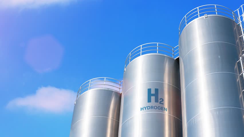Hydrogen renewable energy production - hydrogen gas for clean electricity solar and windturbine facility.  Royalty-Free Stock Footage #1104563409