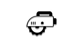 Black Electric circular saw with steel toothed disc icon isolated on white background. Electric hand tool for cutting wood or metal. 4K Video motion graphic animation.
