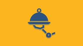 Blue Waiter robot with covered plate icon isolated on orange background. Artificial intelligence, machine learning, cloud computing. 4K Video motion graphic animation .