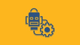 Blue Robot setting icon isolated on orange background. Artificial intelligence, machine learning, cloud computing. 4K Video motion graphic animation .