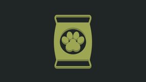 Green Bag of food for pet icon isolated on black background. Food for animals. Dog bone sign. Pet food package. 4K Video motion graphic animation.