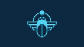 Blue Egyptian Scarab icon isolated on blue background. Winged scarab Beetle and sun. 4K Video motion graphic animation.