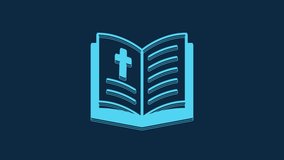 Blue Holy bible book icon isolated on blue background. 4K Video motion graphic animation.