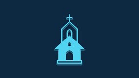 Blue Church building icon isolated on blue background. Christian Church. Religion of church. 4K Video motion graphic animation.
