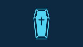 Blue Coffin with christian cross icon isolated on blue background. Happy Halloween party. 4K Video motion graphic animation.