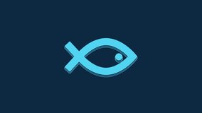 Blue Christian fish symbol icon isolated on blue background. Jesus fish symbol. 4K Video motion graphic animation.
