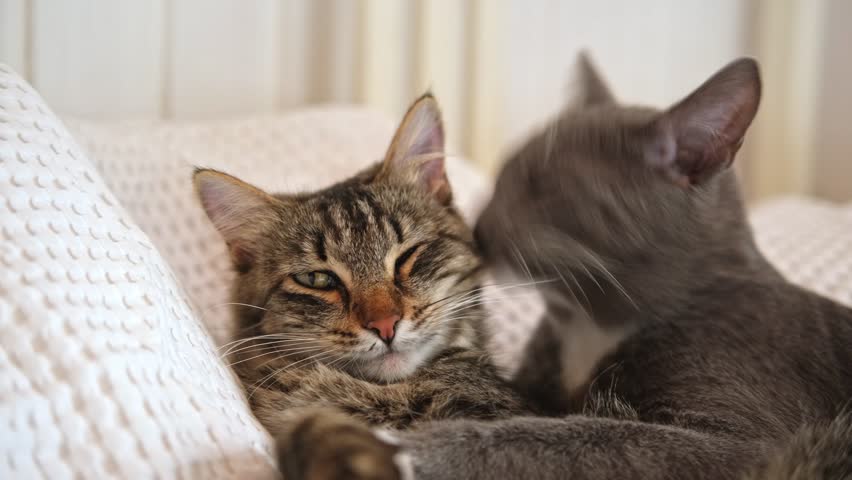 Two cats cuddling on white blanket at home. Cute domestic striped friendly cats. 2 sleepy kittens washing comfortably. Family couple feline resting together. Happy tabby beautiful pets in love hugging | Shutterstock HD Video #1104570223
