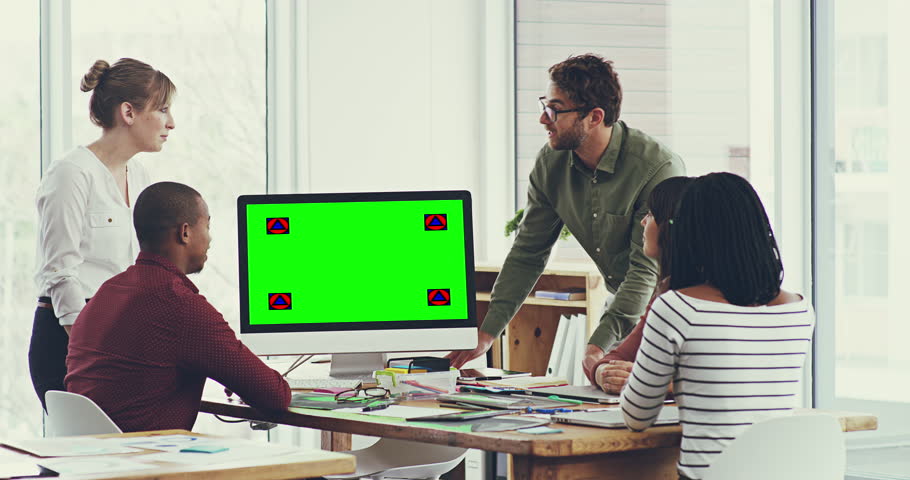 Green screen computer, talking and business people in a meeting for planning and creativity. Discussion, office teamwork and employees speaking about a project with mockup and tracking markers on pc Royalty-Free Stock Footage #1104571843