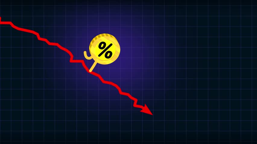 Percent rate still goes down explainer small version. Walking down coin. % character falling down fast. Funny business cartoon. Interest rate lose metaphor for business use. Royalty-Free Stock Footage #1104572461