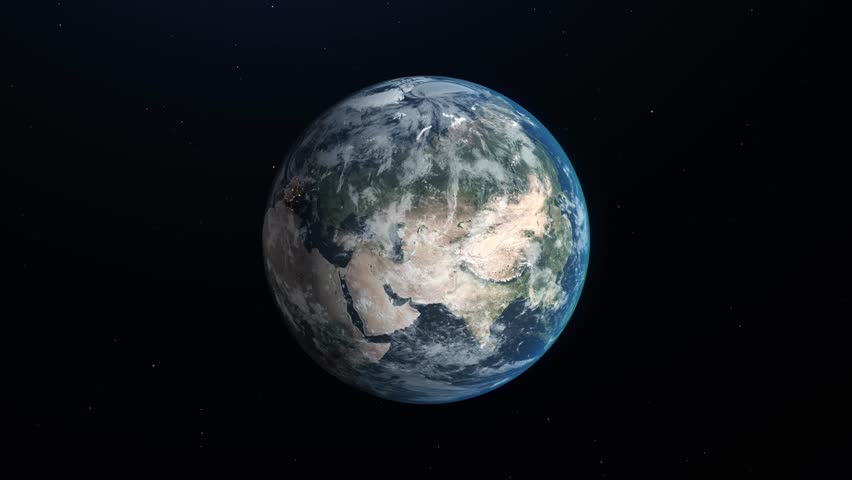 Bulgaria map highlighted with a white border, zooming in from the space through a 4K photo-real animated globe, with a panoramic view of Europe.