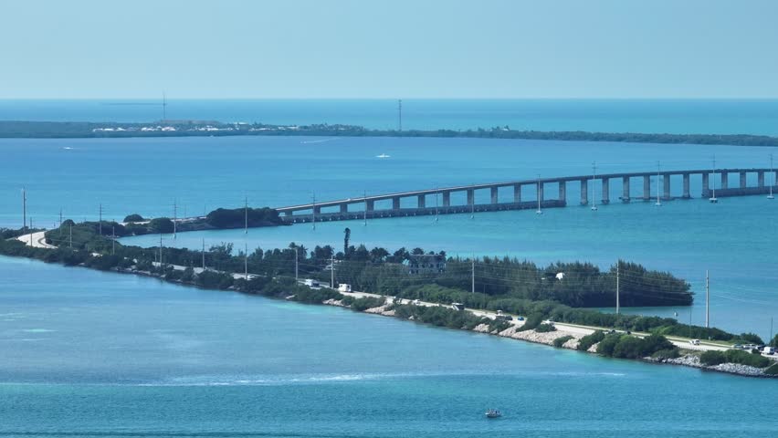 Aerial shot of the Florida Keys and the highway the connects them.