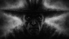 Scary male face in big hat. Evil ghost 2D animation. Gloomy maniac silhouette. Dark fantasy movie. Horror video. Spooky character from nightmares. Music clips, VJ loops. Black and white background.