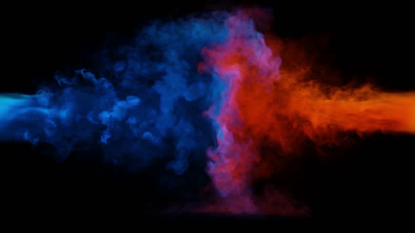 Puffs of red and blue smoke collide against a black background. 3d illustration. . 3D Illustration