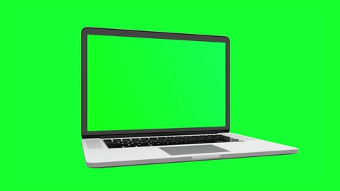 Empty Green Screen Display Laptop for Watching and Paste Background  Business Blog or Gaming App. Copy 3d Pc with Clear Chroma Key for Mockup. Laptop blank screen opening with screen switching Adlı Stok Video