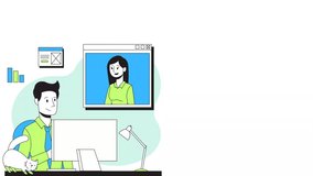 Cartoon animation of a man talking to a woman through a screen in front of a work computer for meetings and conferences with modern decorations for work