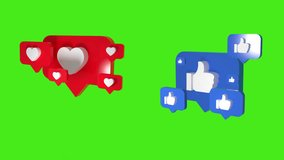 Like and Love icons. Thumbs up and heart, social media icon, application. 4k 3d animation video. Chromakey background.