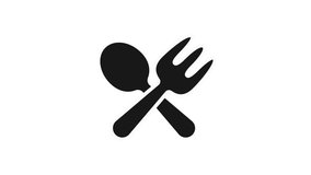 black Crossed fork and spoon icon isolated on white background. Cooking utensil. Cutlery sign. 4K Video motion graphic animation.