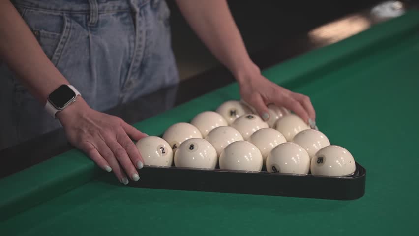 Game of billiards. Russian billiards. woman moves billiard balls. close-up. High quality Full HD video recording | Shutterstock HD Video #1104591317