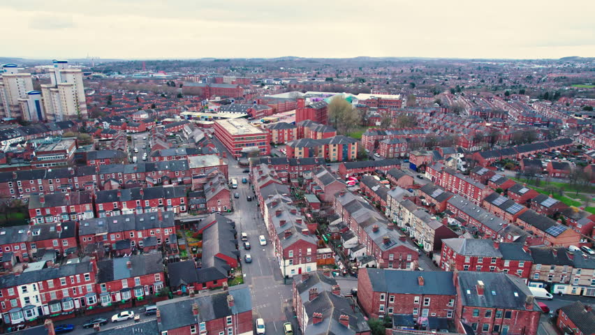 Aerial shot of offices and accommodations in Nottingham city center. Beautiful architecture of British city. High quality 4k footage
