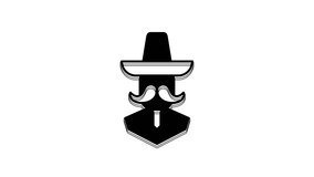Black Mexican man wearing sombrero icon isolated on white background. Hispanic man with a mustache. 4K Video motion graphic animation.