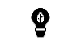 Black Light bulb with leaf icon isolated on white background. Eco energy concept. Alternative energy concept. 4K Video motion graphic animation.