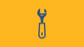 Blue Wrench spanner icon isolated on orange background. 4K Video motion graphic animation .