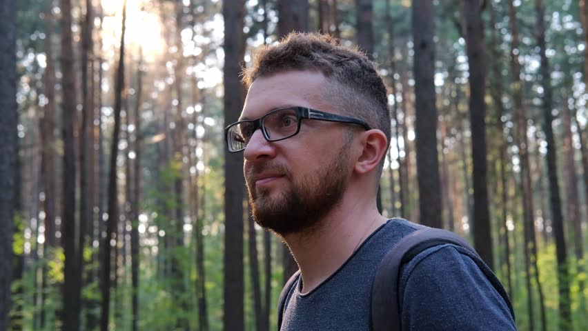 man in glasses, blue shorts and a gray T-shirt with a backpack walks through a pine forest, having rest outdoors at sunset.