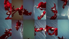 Attractive red-haired young woman swims beautifully underwater in a red dress. vertical video.slow motion.collage,multiscreen