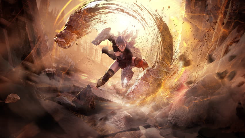 An enraged girl martial artist summons magic hands fists and resolutely smashes the floor in the sinister Gothic ruins causing an earthquake and destroying everything. clean looped 2d animated art