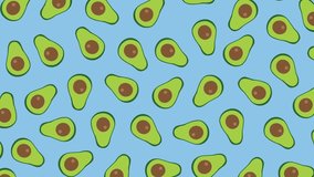 bright trendy cartoon hand-drawn animation of a lot of rotating avocado halves on a blue background