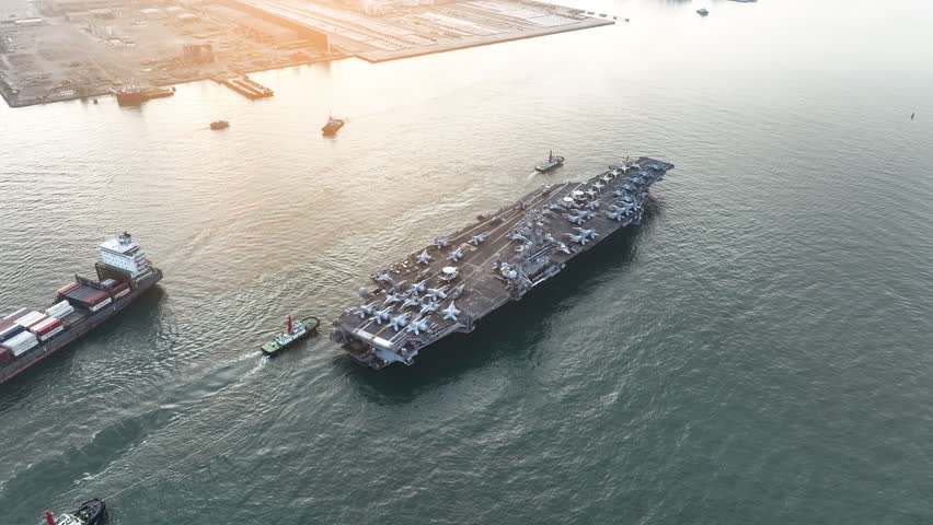 Nuclear War Ship, Military navy ship carrier full loading fighter jet aircraft for prepare troops. forwarder mast. Side view of War Ship.	