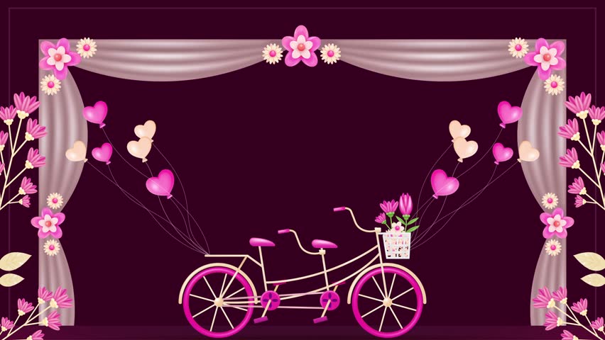 Wedding invitation frame. Animation of double couple bicycle with heart balloons, pink flower frame and wedding cloth arch on dark red background