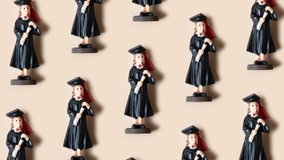 Pattern of Black Graduate Statuette on Beige Background - Academic Achievement, Graduation Ceremony, Education Concept Animation