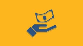 Blue Hand holding money icon isolated on orange background. Dollar or USD symbol. Cash Banking currency sign. 4K Video motion graphic animation .